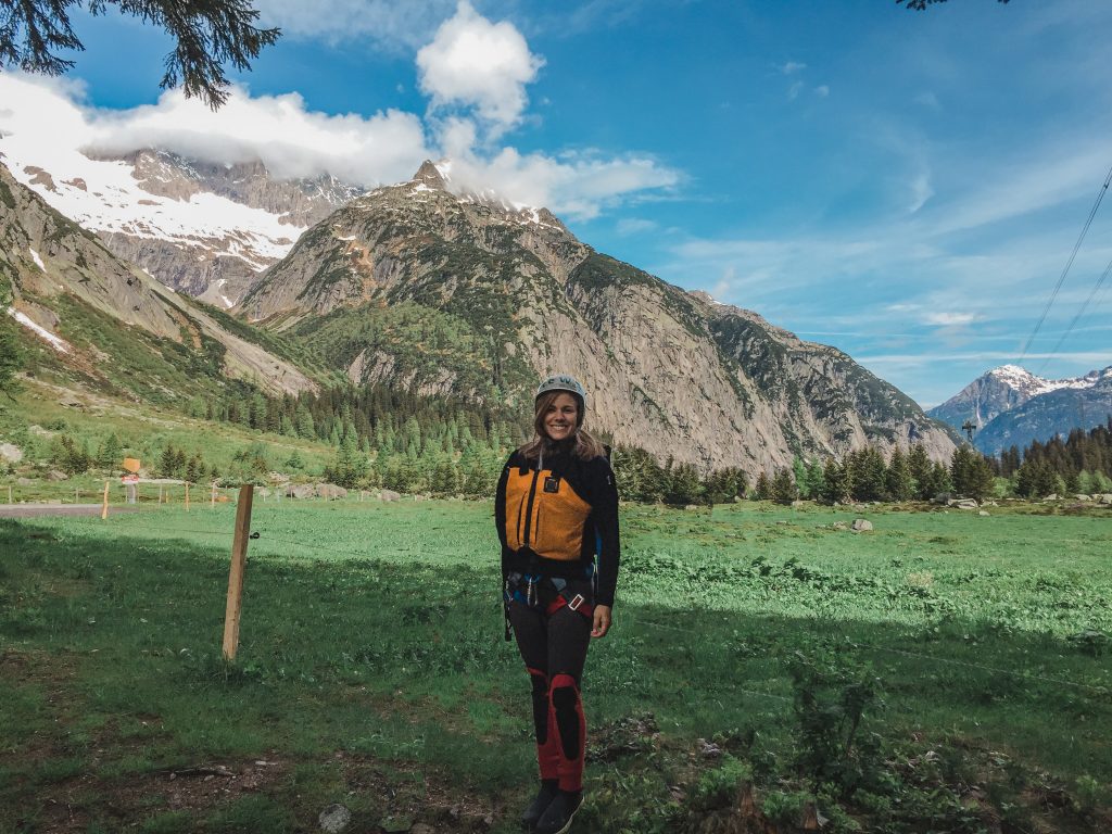 Me in front of the Swiss Alps in my canyoning gear
