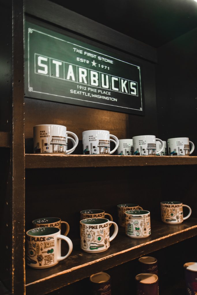 Mugs to buy in the original Starbucks at Pike's Place