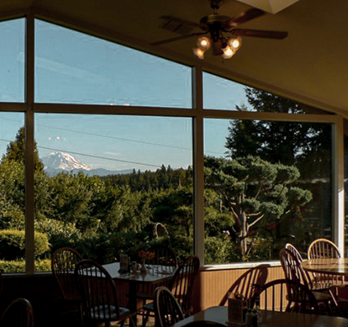 View of Mount Rainier from the Black Diamond Bakery windows