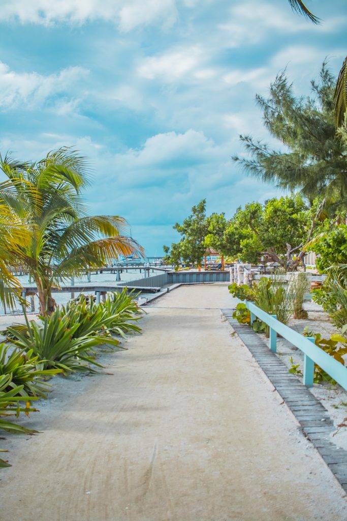 Long sandy walkway with the sea and trees in Belize