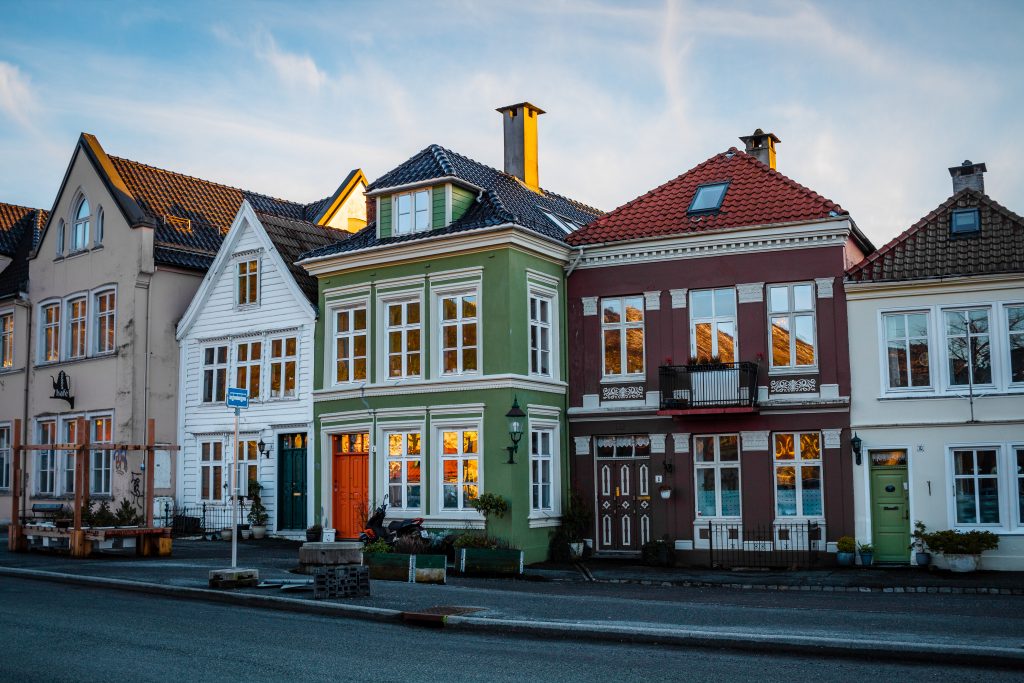 Colorful homes on a street in Bergen