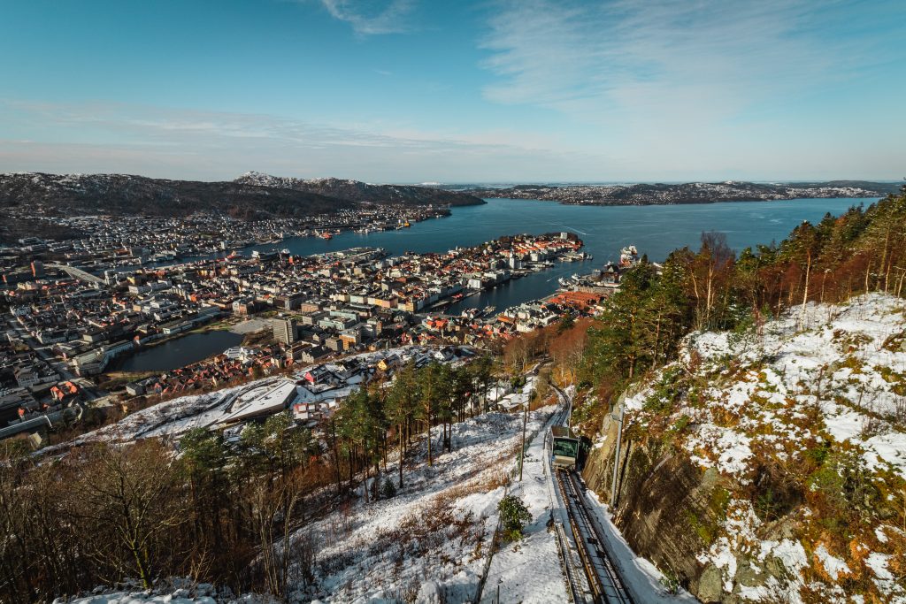 Funicular and track below with Bergen and the fjords in the background