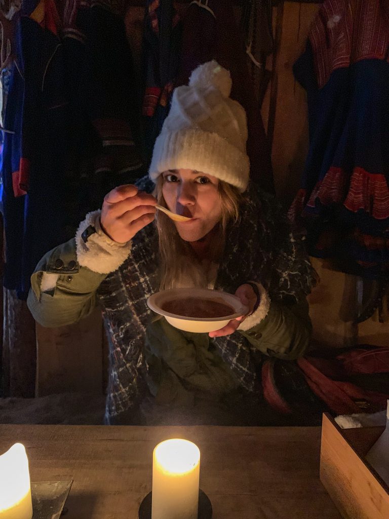 Eating the veggie soup in the cabin