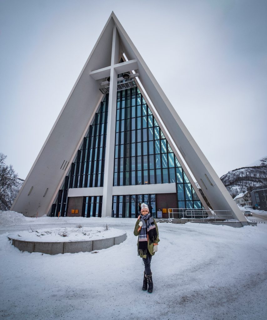 Me in front of the triangle shaped cathedral in Tromso