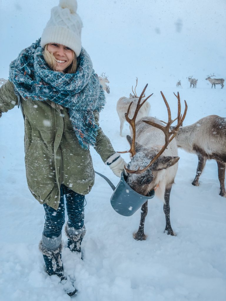 Me feeding the reindeer in the blizzard
