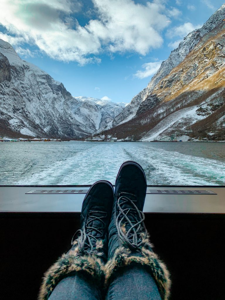 My feet kicked up looking at the Norwegian fjords through the windows