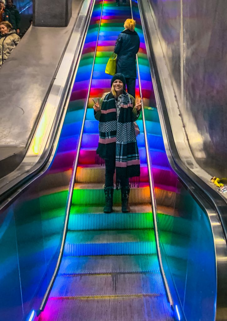 Me riding the rainbow elevation in Stockholm's Subway art