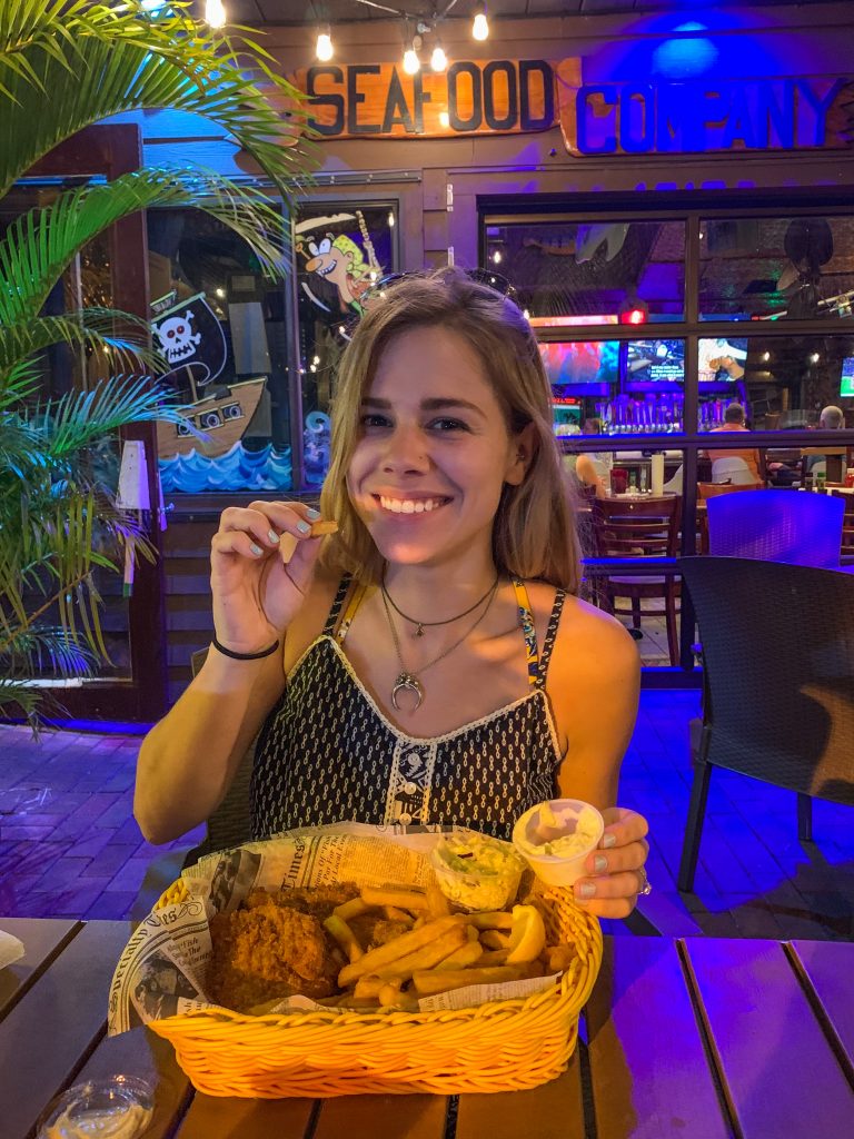 Me eating fish and chips at Yucatan