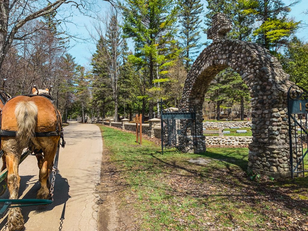 Horses pulling the carriage and the cemetery entrance